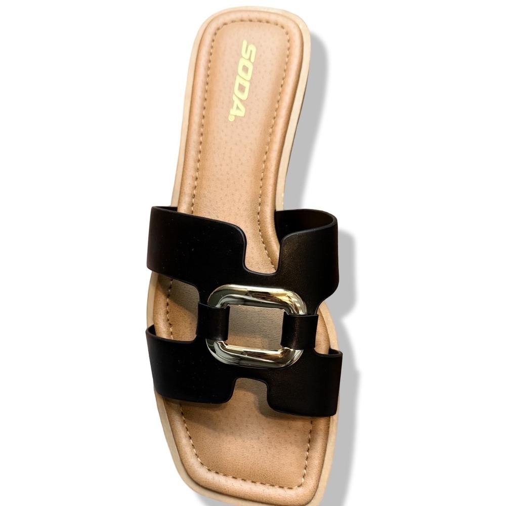 SODA FENG SANDALS Black Faux Leather Slide Gold Buckle Sz 10 - Picture 11 of 14